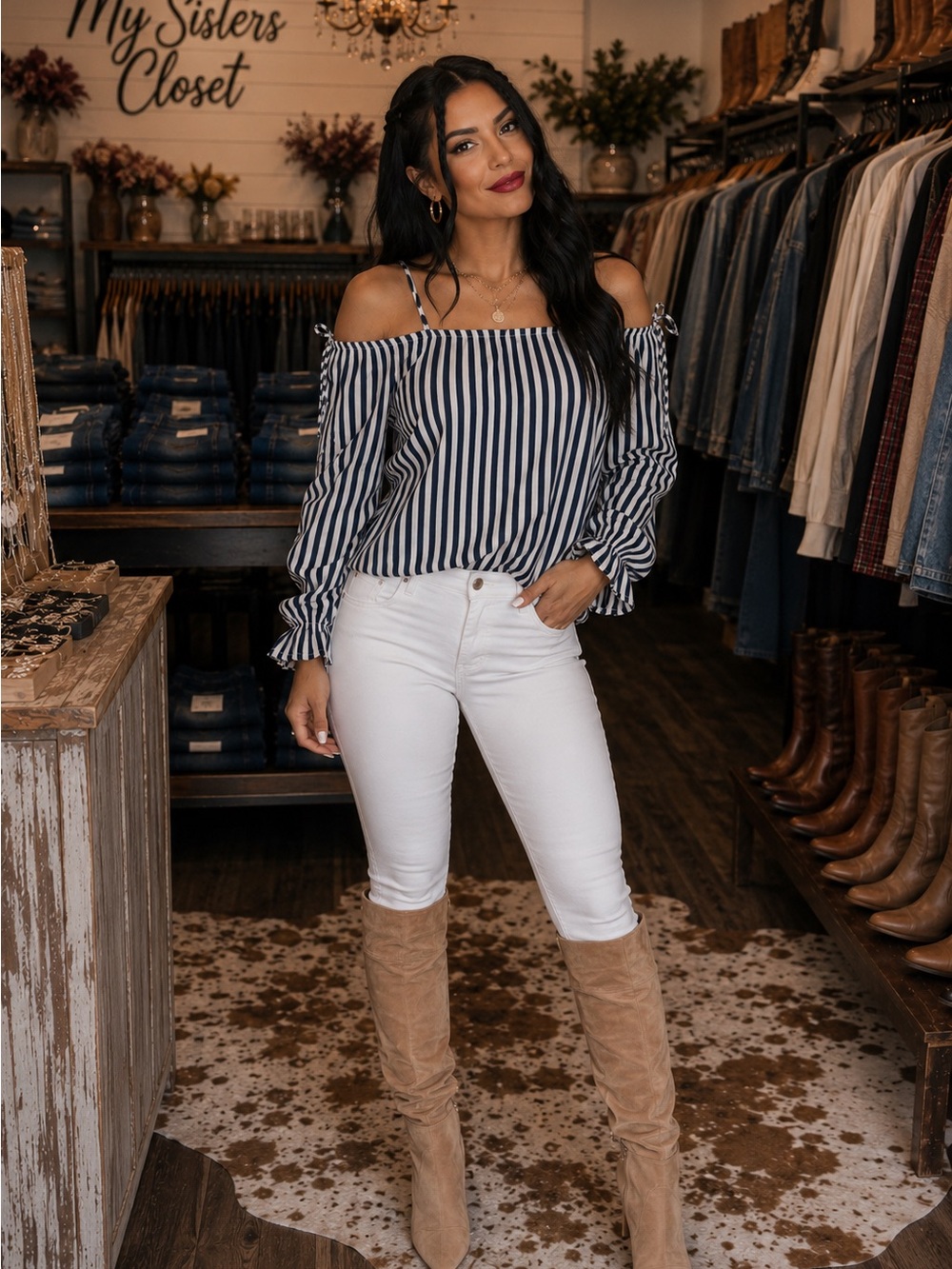 Miss Me Navy and White Striped Cold-Shoulder Camisole